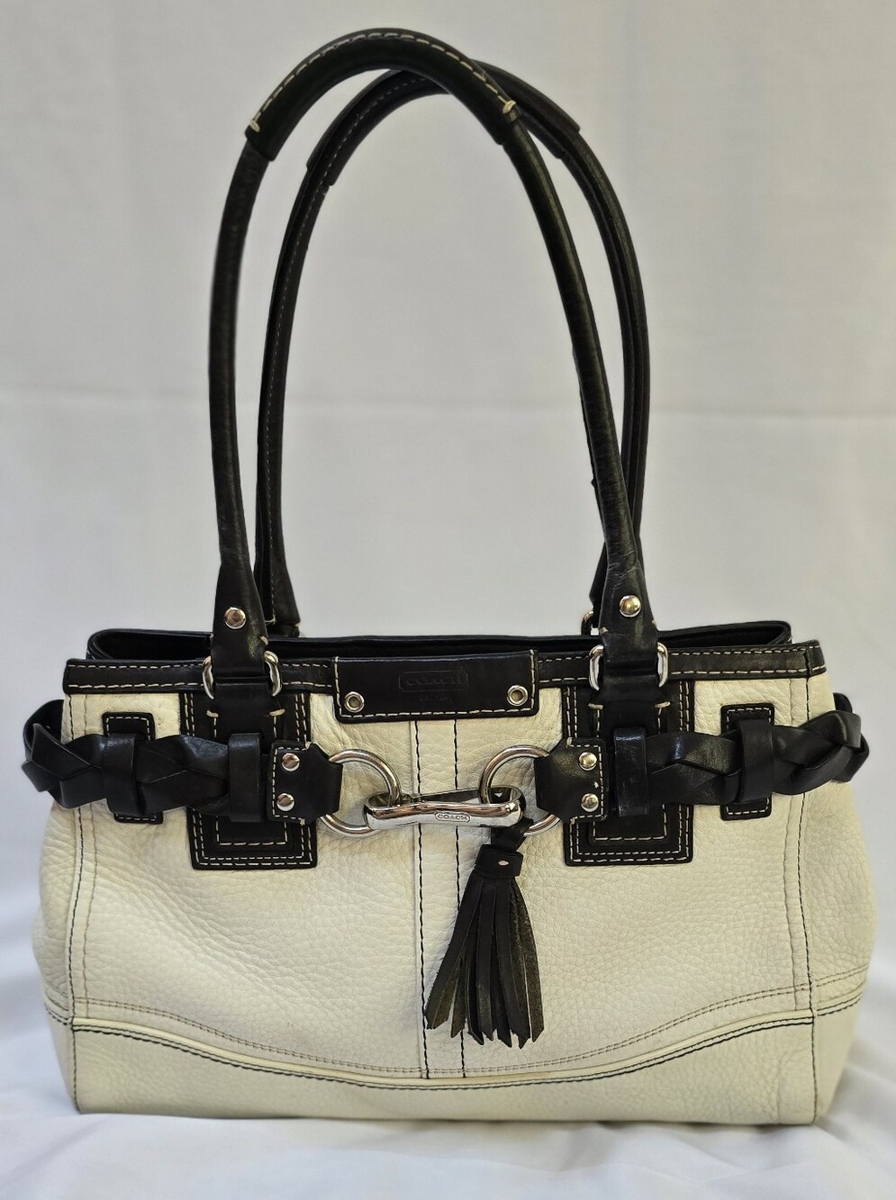 Coach Hamptons F13031 Ivory Black Pebbled Leather Braided Satchel Y2K